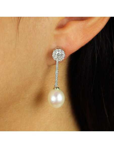 Pendientes desmontables de oro blanco con perlas y circonitas