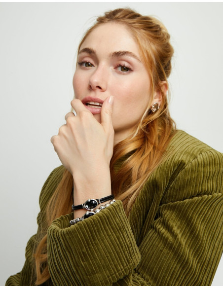 Pulsera de cuero con cristal facetado gris UNOde50