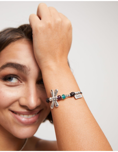 Pulsera de cuero con libelula y cristales de colores UNOde50