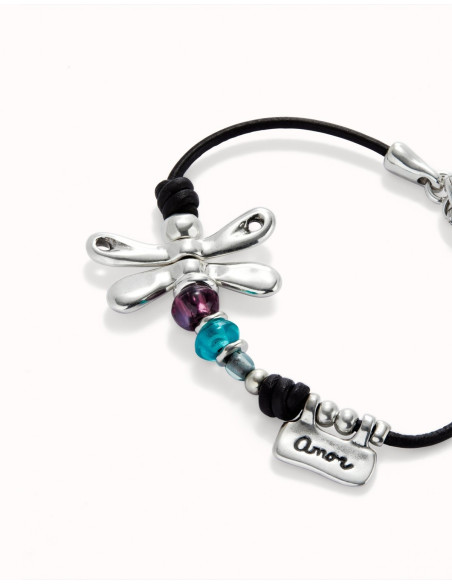 Pulsera de cuero con libelula y cristales de colores UNOde50